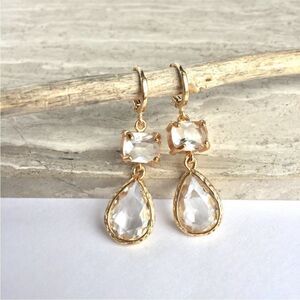 Clear Crystal dangle droplet —Gold huggie Earrings